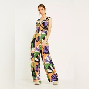 Urban Outfitters Womens Multicolor Boho Artsy Patchwork Crossover Jumpsuit Sz 4